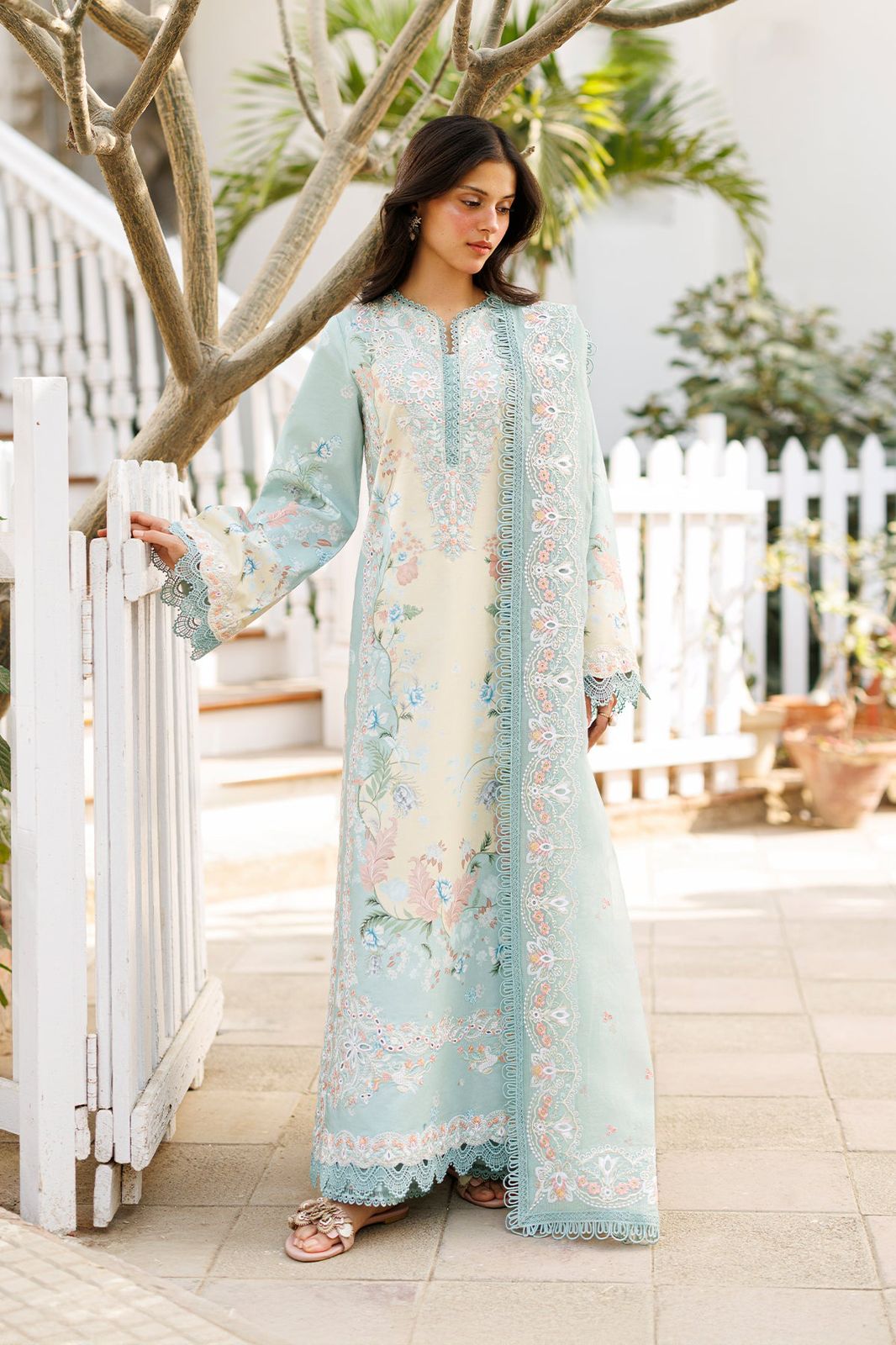 Pastel Mint Floral Embroidered 3-Piece Lawn Suit Set with Cutwork Lace Details Organza Dupatta