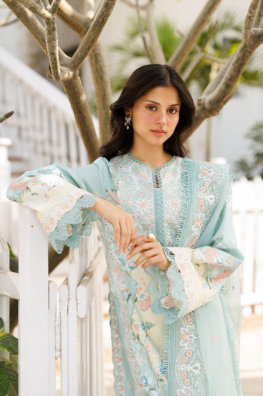 Pastel Mint Floral Embroidered 3-Piece Lawn Suit Set with Cutwork Lace Details Organza Dupatta