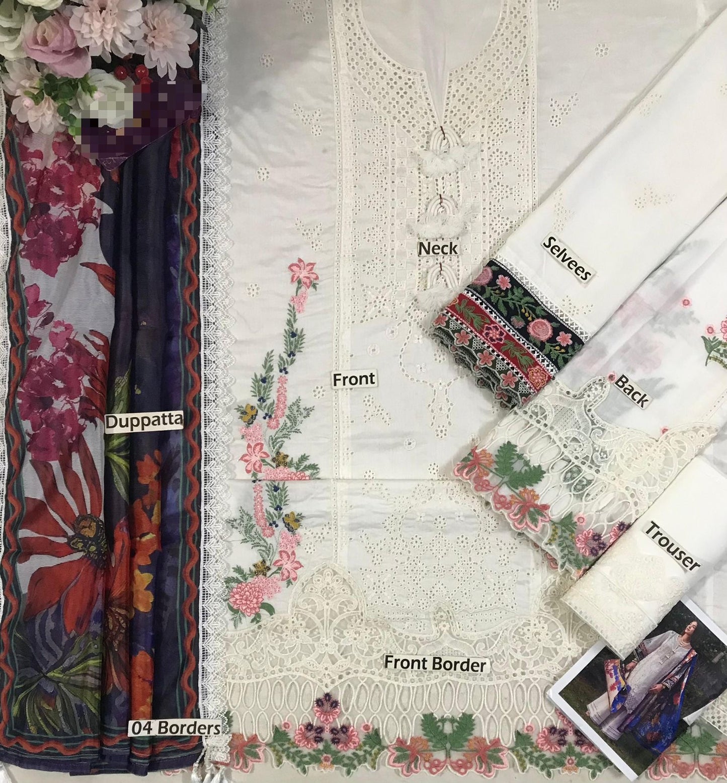 Premium Heavy Embroidered Lawn Suit with Chikankari Work Printed Net Dupatta