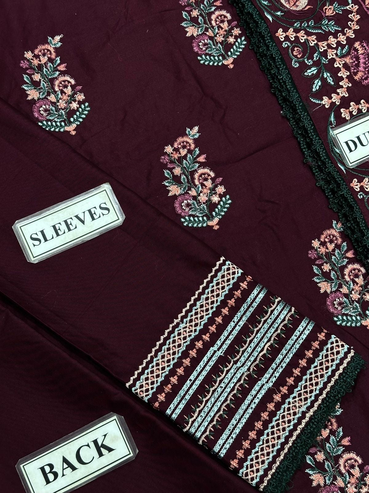 Batik Premium 3-Piece Cambric Cotton Suit with Semi-Pure Chiffon Dupatta -Deep Plum & Emerald Green