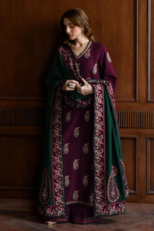 Batik Premium 3-Piece Cambric Cotton Suit with Semi-Pure Chiffon Dupatta -Deep Plum & Emerald Green