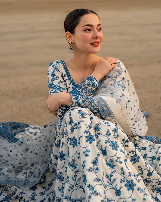 Luxury Eid Lawn 3-Piece Heavily Embroidered Suit Set with 4-Side Cutwork Net Dupatta