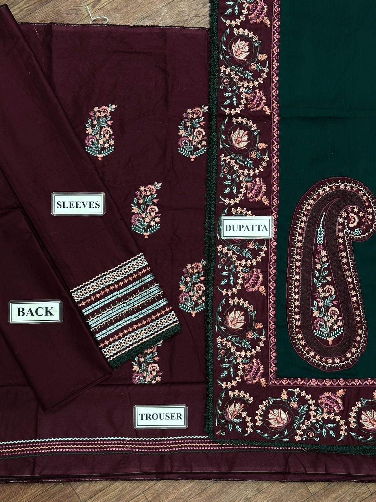 Batik Premium 3-Piece Cambric Cotton Suit with Semi-Pure Chiffon Dupatta -Deep Plum & Emerald Green
