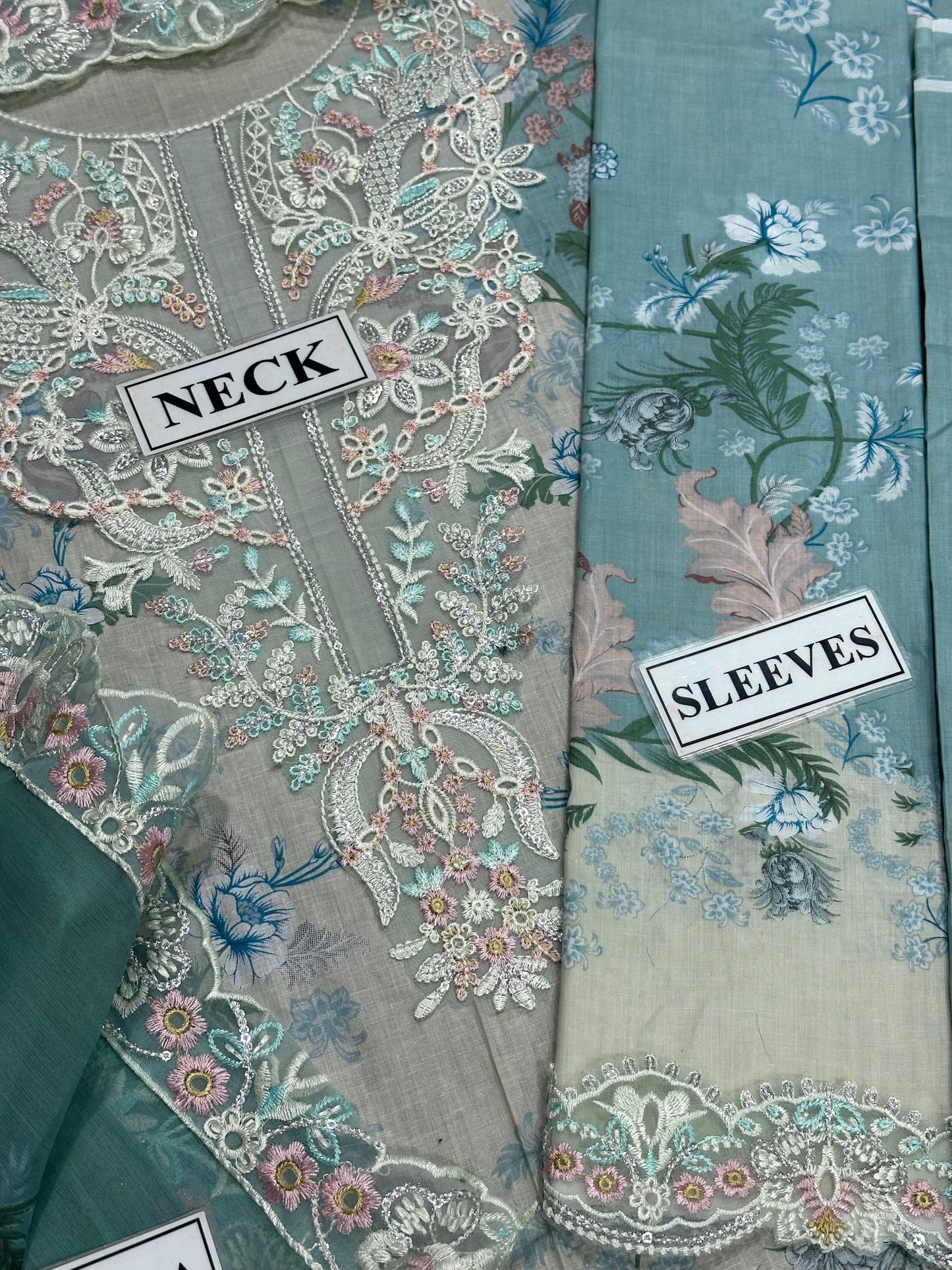 Pastel Mint Floral Embroidered 3-Piece Lawn Suit Set with Cutwork Lace Details Organza Dupatta