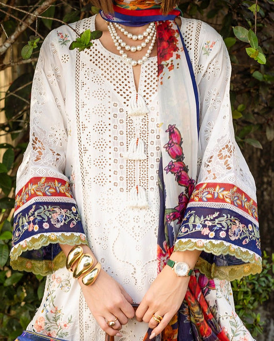 Premium Heavy Embroidered Lawn Suit with Chikankari Work Printed Net Dupatta