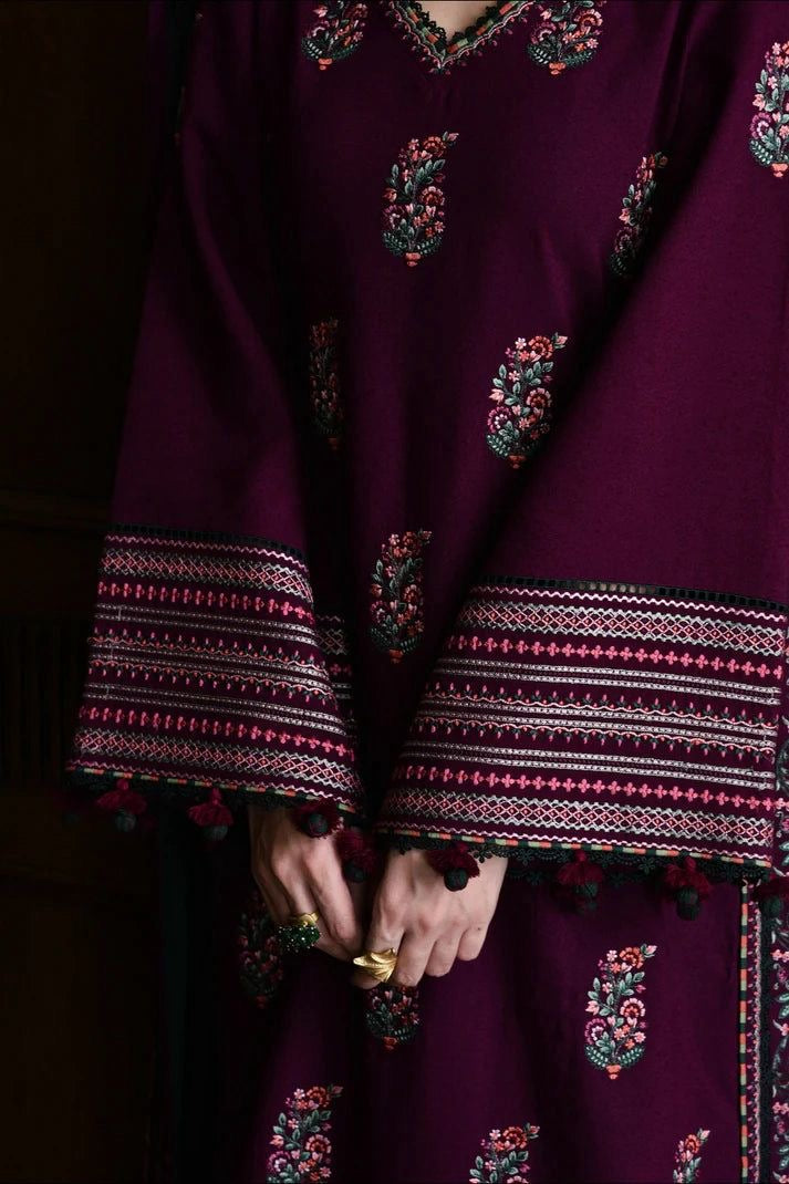 Batik Premium 3-Piece Cambric Cotton Suit with Semi-Pure Chiffon Dupatta -Deep Plum & Emerald Green