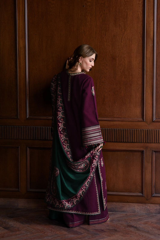 Batik Premium 3-Piece Cambric Cotton Suit with Semi-Pure Chiffon Dupatta -Deep Plum & Emerald Green