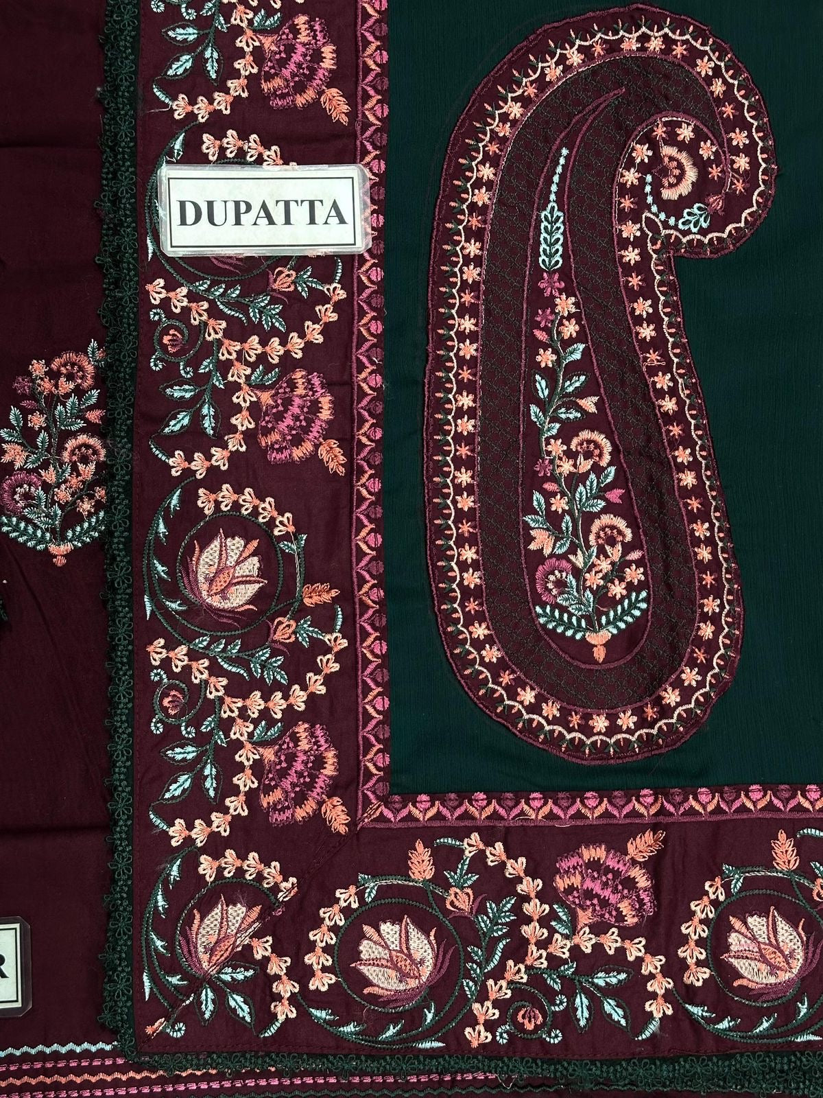 Batik Premium 3-Piece Cambric Cotton Suit with Semi-Pure Chiffon Dupatta -Deep Plum & Emerald Green